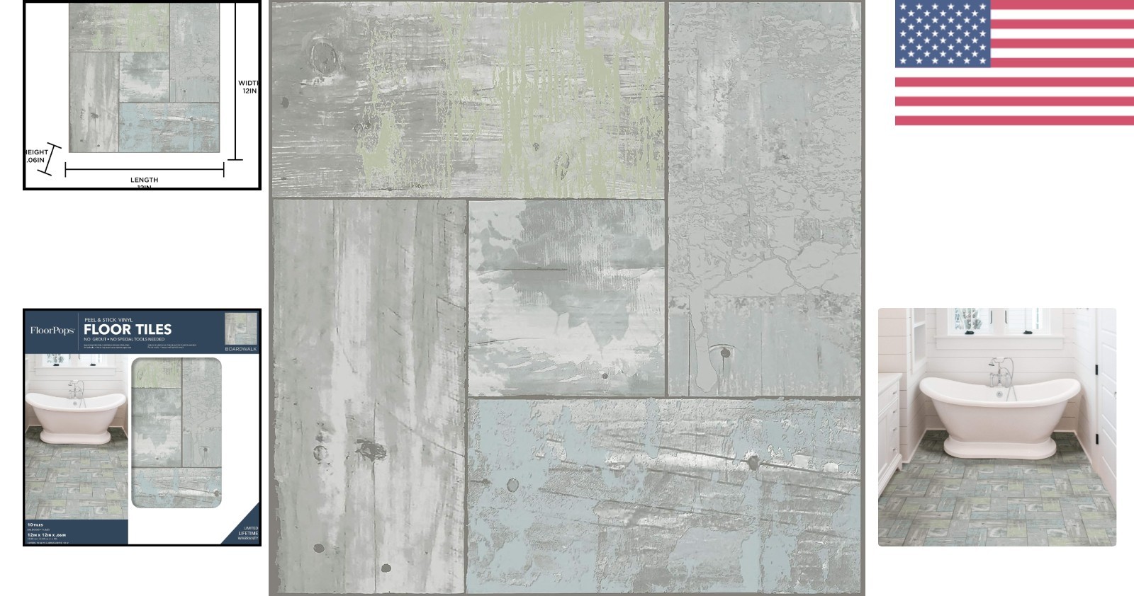 Easy Install Peel & Stick Floor Tiles – Shabby Chic Wood Look in Grey, 10-Pack