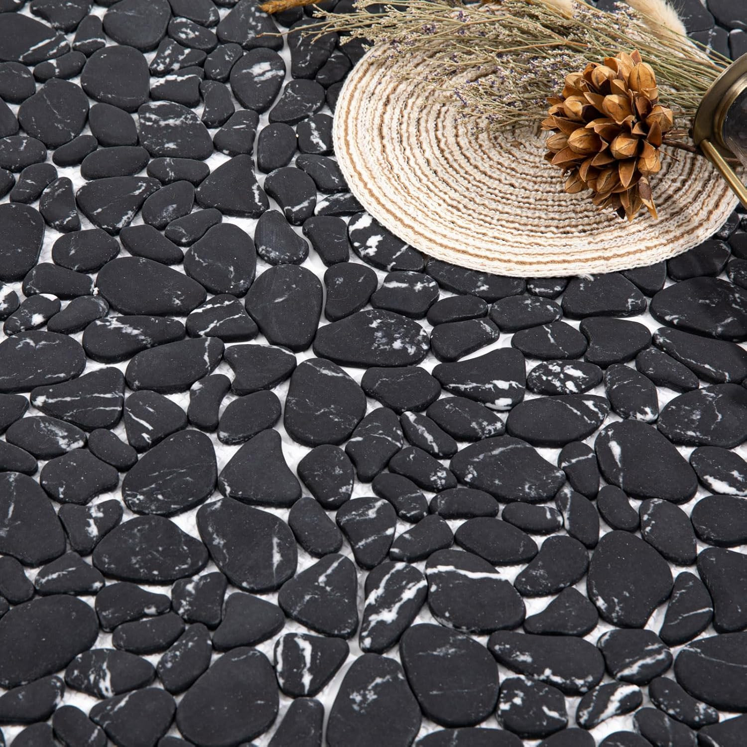 Elegant Black Marble Veins Pebble Tile for Shower & Bathroom Décor