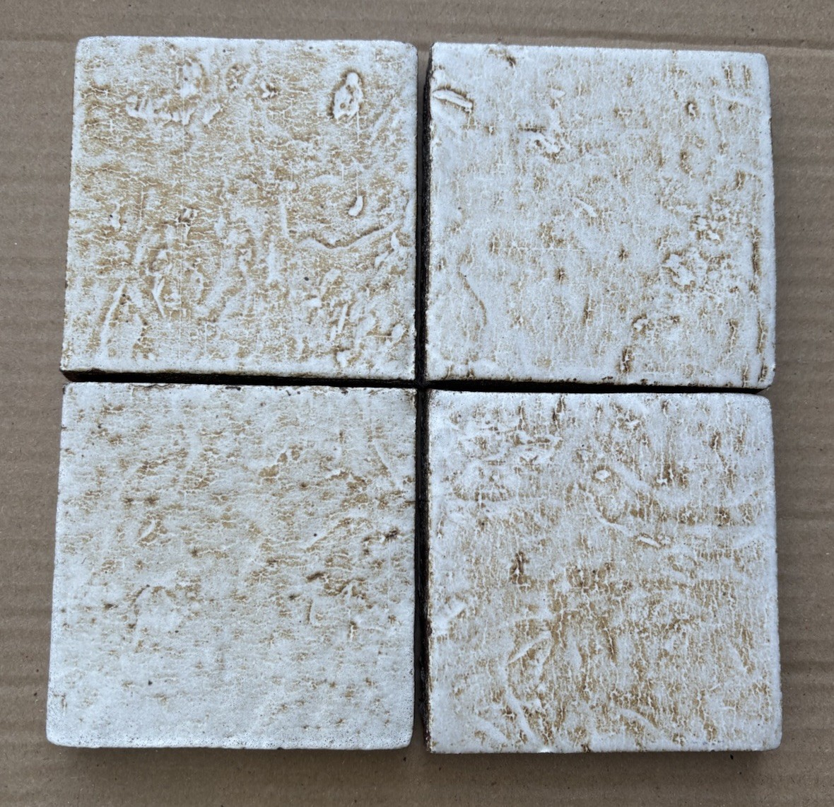 4 Vintage Hand Made Mottled Glazed Field Tile THICK 3 7/8″sq Set of 4 NOS #A