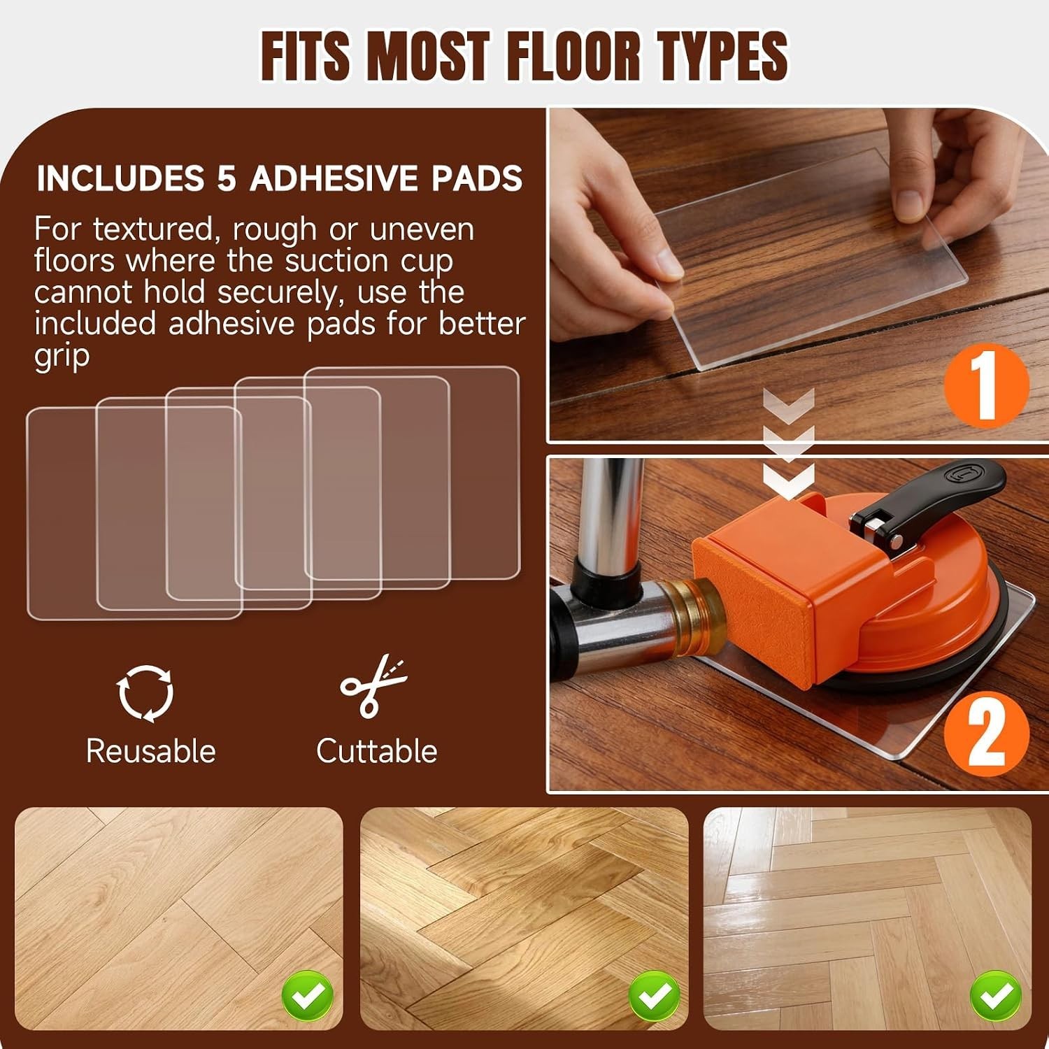 Versatile Floor Suction Tool with 5 Non-Slip Pads – Strong Carbon Steel Design