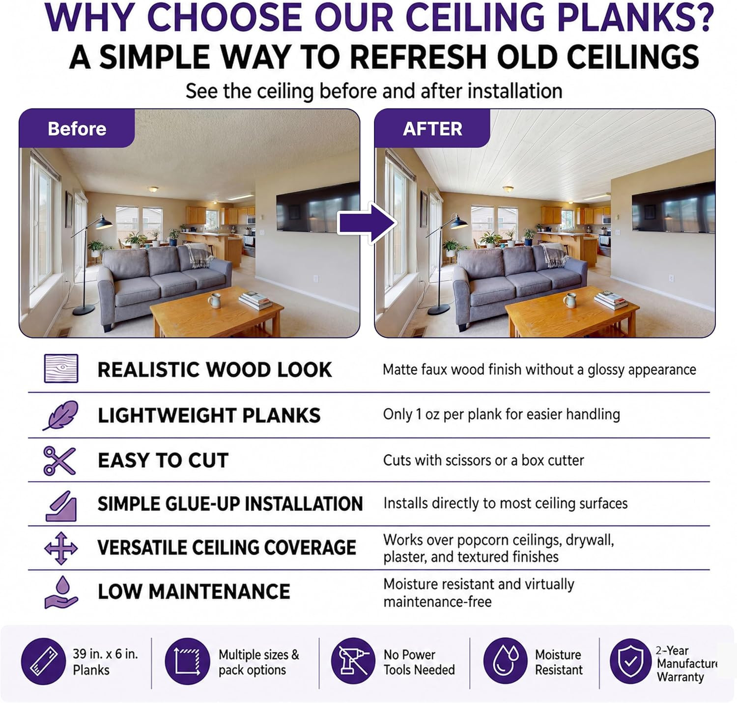 LA Maison Ceilings WP02CW Foam Wood Ceiling Planks, Country White, 48