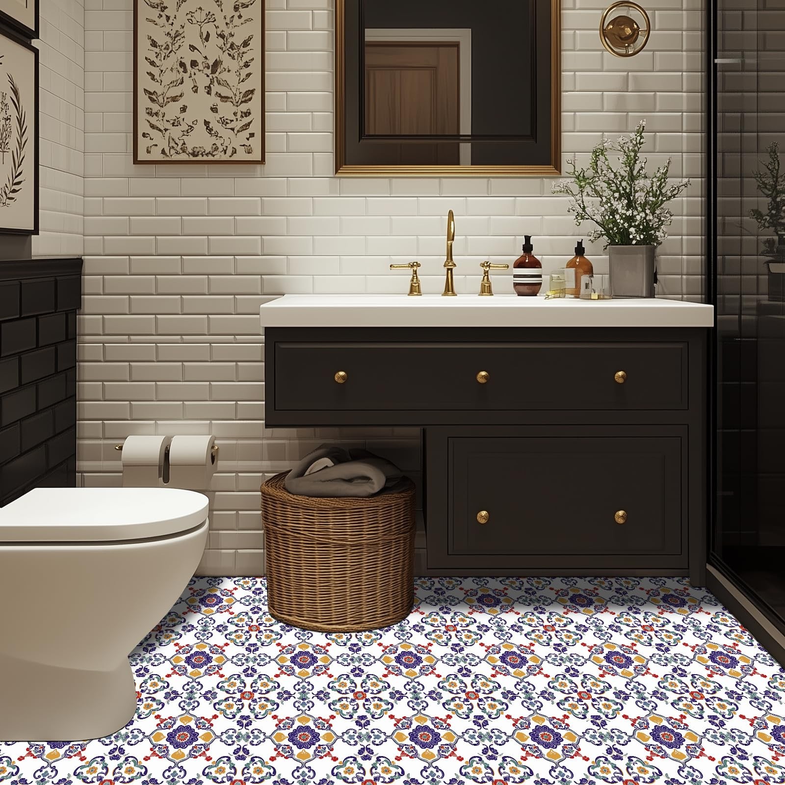 HOMETITUTE European Floral Peel Stick Floor Tile 12×12 Vinyl