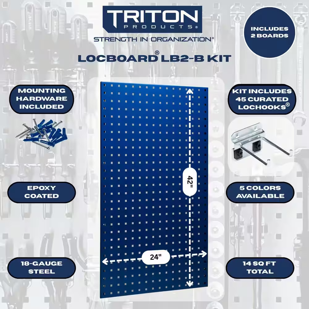 24 In. W X 42 In. H X 9/16 In. D Blue Epoxy, 18-Gauge Steel Square Hole Pegboard