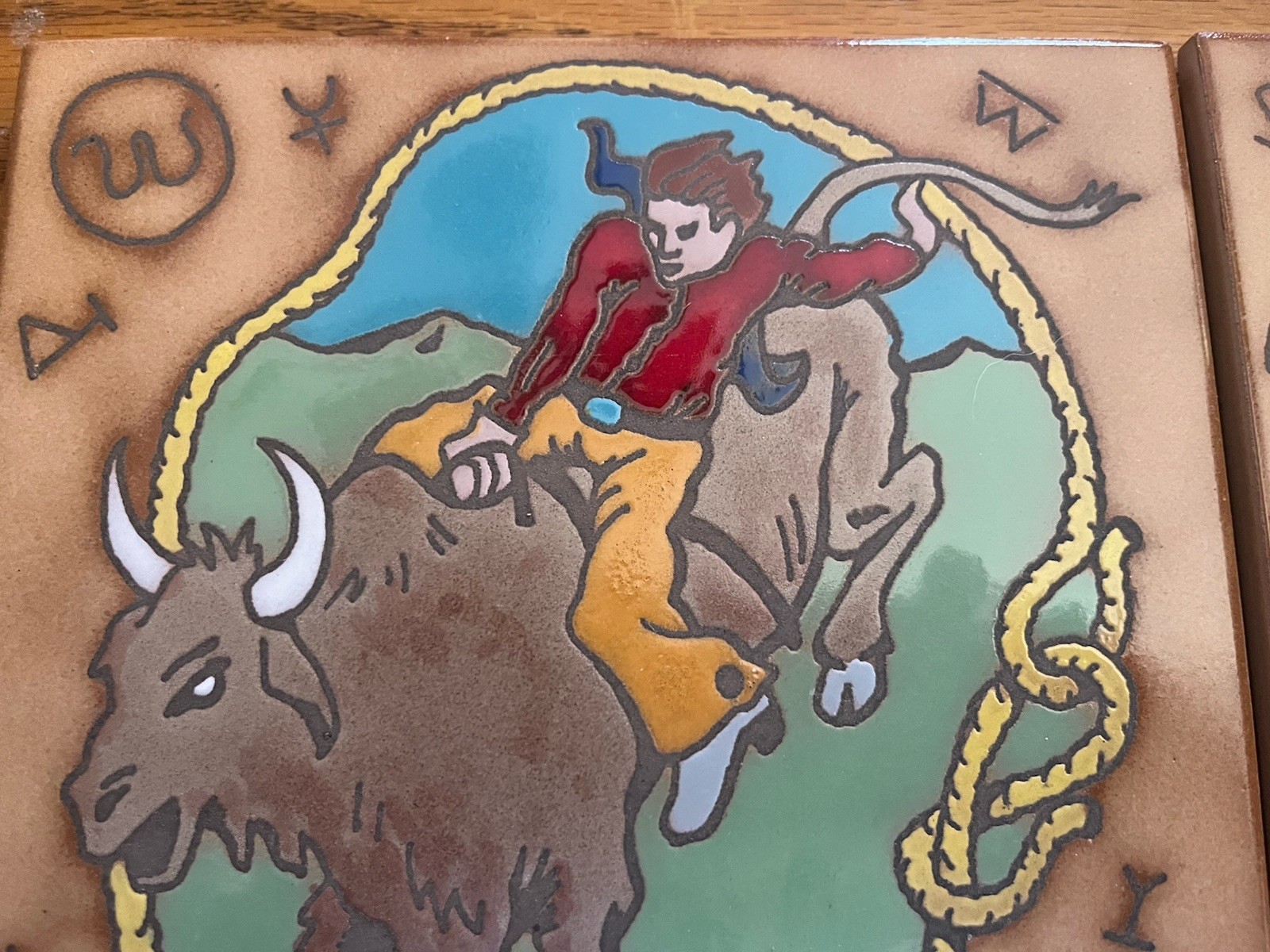 pair of 8″ Western Rodeo clay tiles,BULL RIDER, Supporto per Bicottura Italian