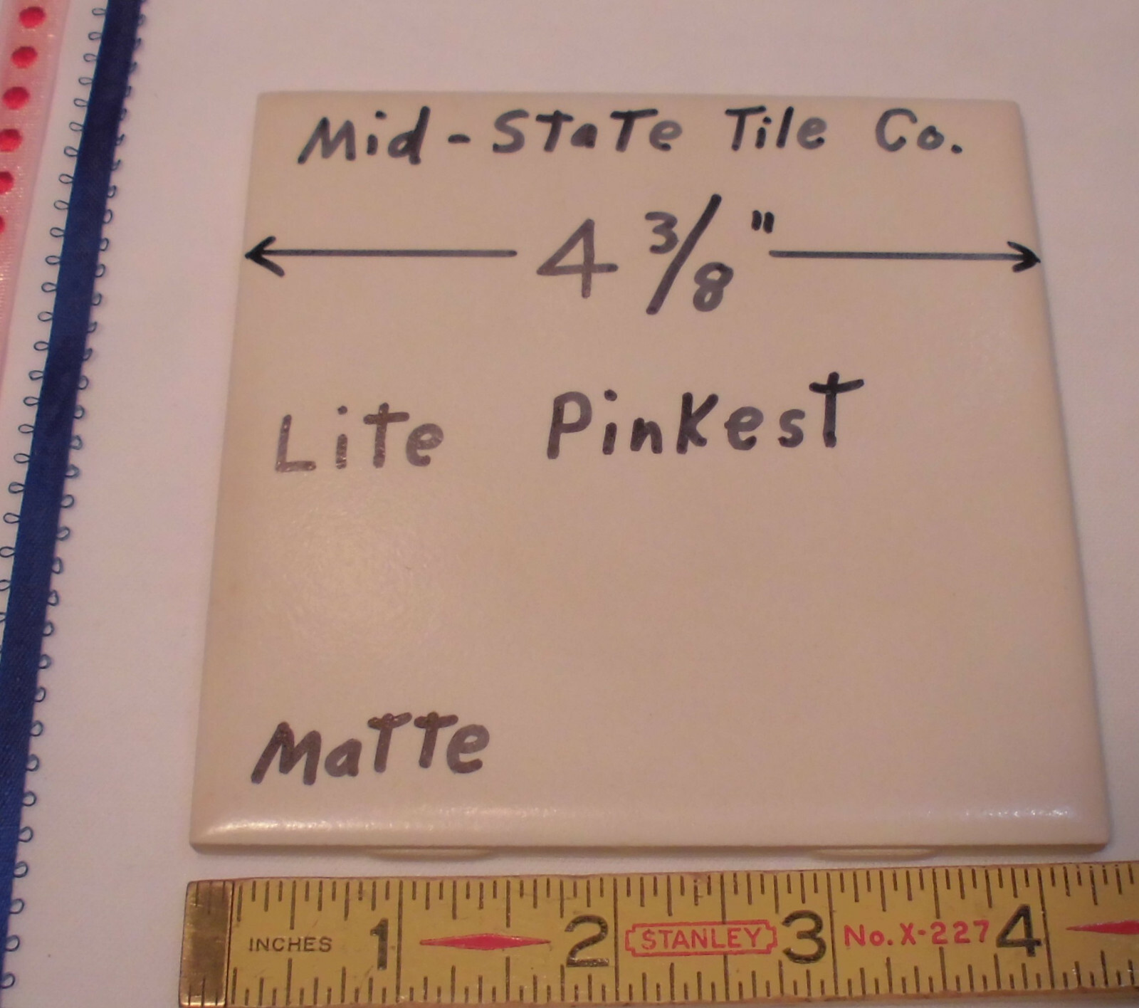 1 pc. Matte *Pinkest-Off white* Ceramic Tile 4-3/8″ by Mid-State; light textured