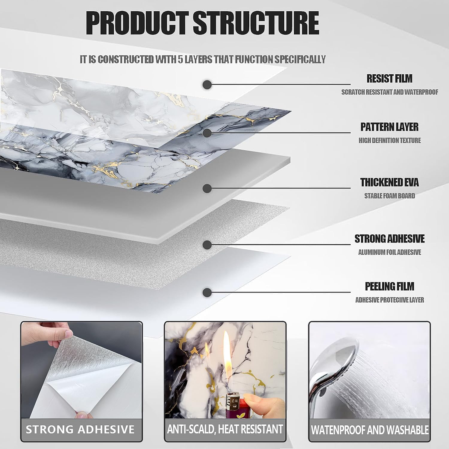 10pcs Peel and Stick Tile Shower Waterproof Marble Tiles Wall Panels, 11.8″x11.8