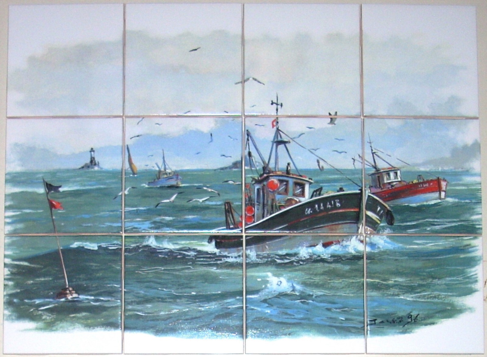 Fishing Boat Ceramic Tile Mural Nautical Guilvenic Ocean Boat Scene
