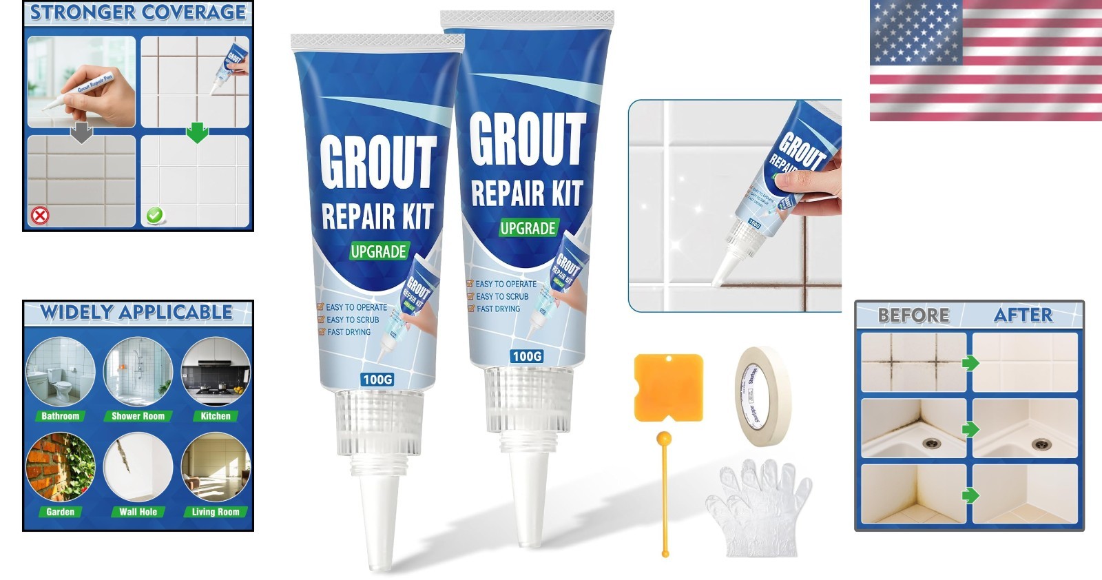 Tile Grout Repair Kit 2 Pack Fast Drying Waterproof Filler for Bathroom Kitch…