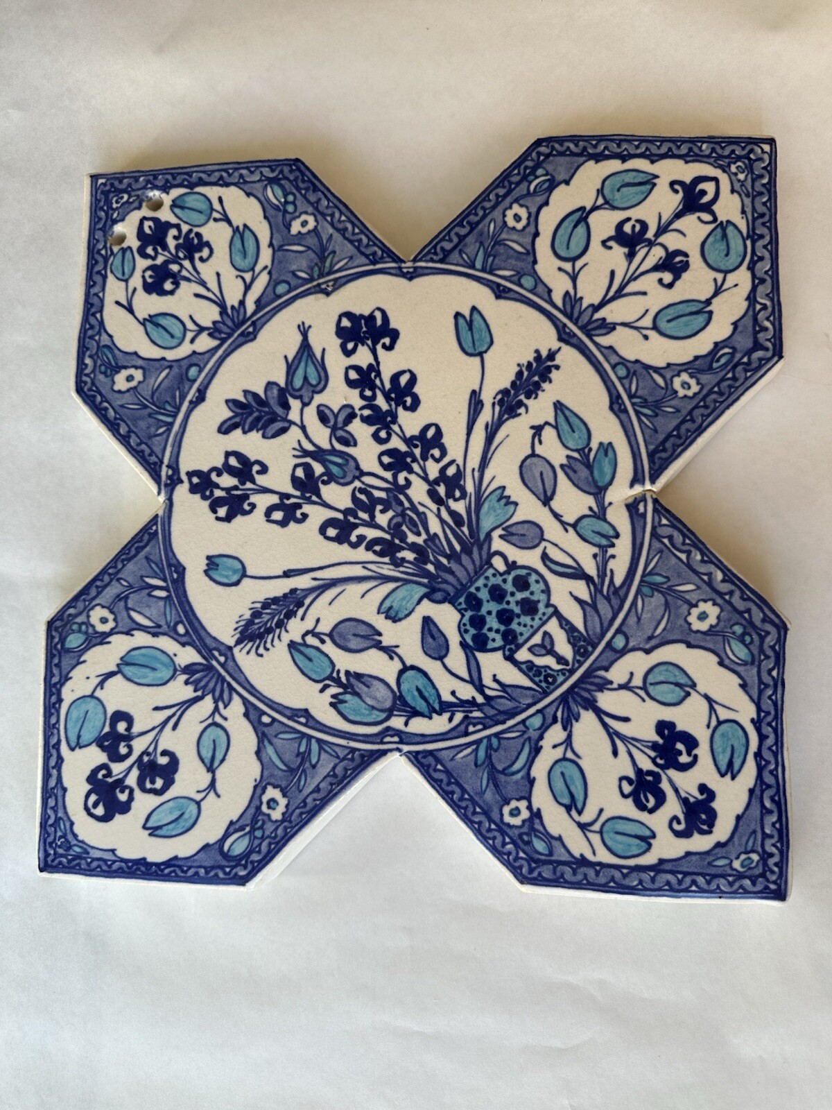 Large Vintage Hand Made Tile Wqll Art Blue Flower Floral Signed James 15″ NB3