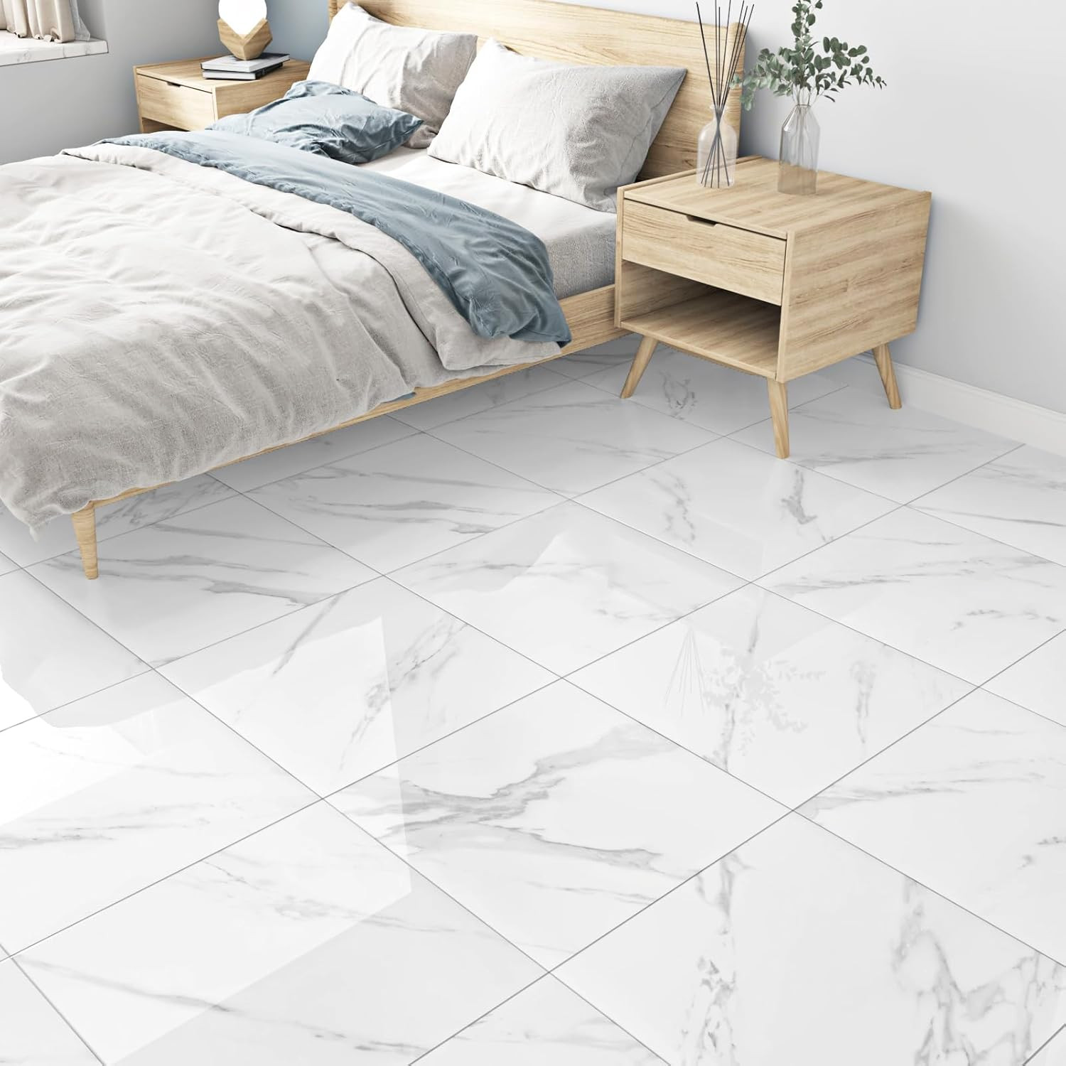 White Marble Peel and Stick Floor Tile Bathroom Waterproof Marble Flooring Tiles