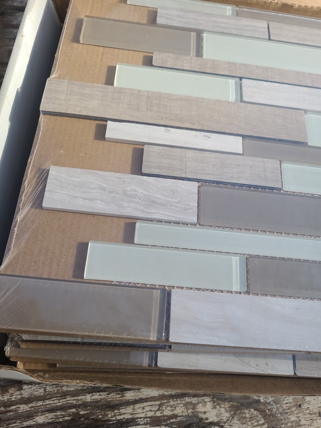 American Olean Glass Stone Wood Look Mosaic Tile Delfino Natural Taupe 16 Sheets