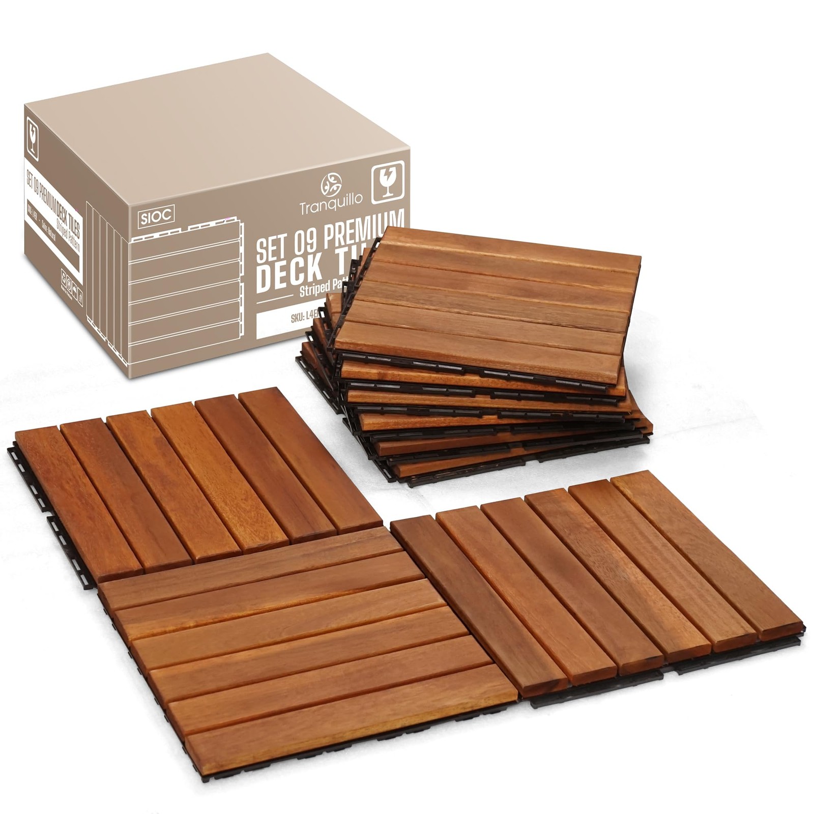 Tranquillo Interlocking Deck Tiles 12”x12”, Acacia Wood Patio Tiles, Waterpro…