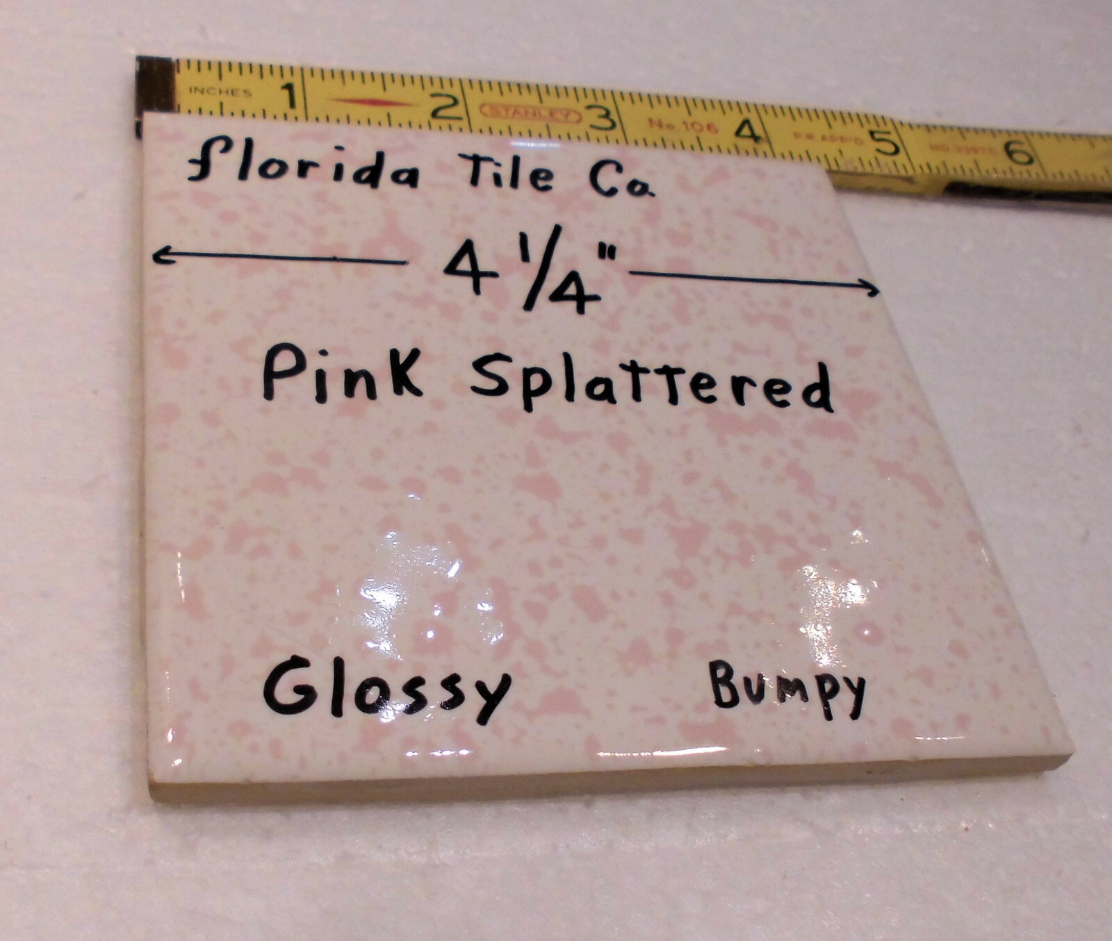 1 pc. “Pink Splattered” 4-1/4″ Glossy Ceramic Tile: Florida Co. Pink on White