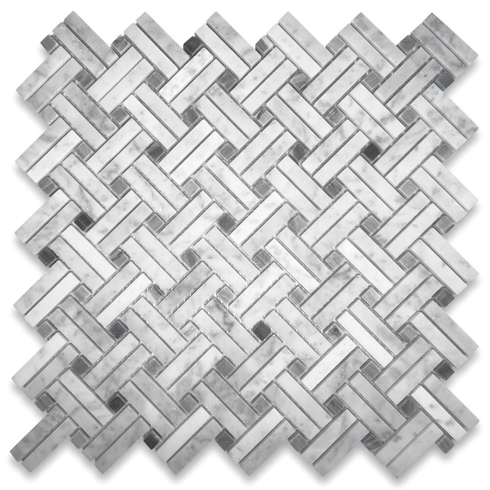 C697XH Carrara White Diagonal Basket Weave Gray dots Marble Mosaic Tile Honed