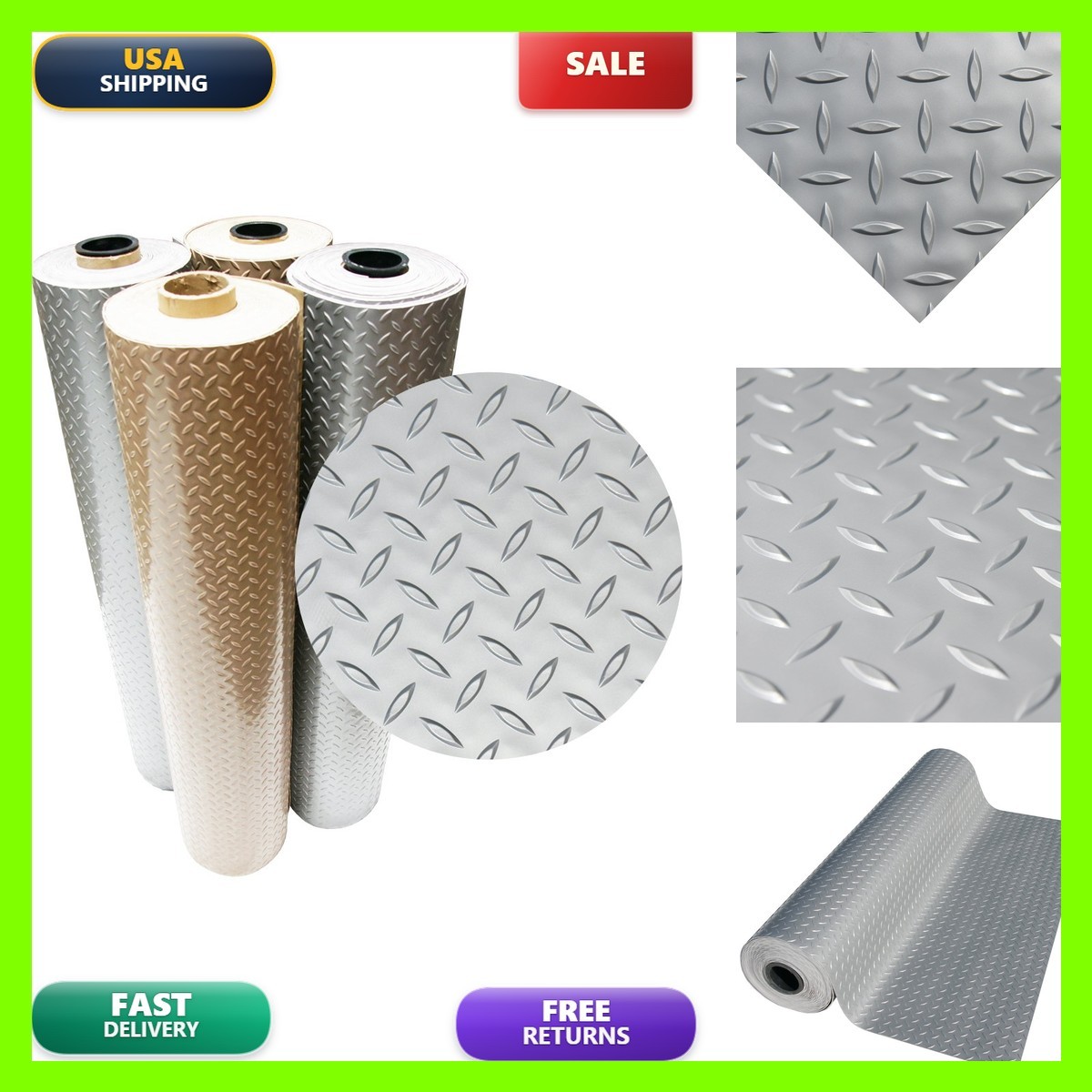 Rubber-Cal Diamond Plate Metallic Pvc Flooring Silver 2.5Mm X 4 X 9 03-W266-S-09