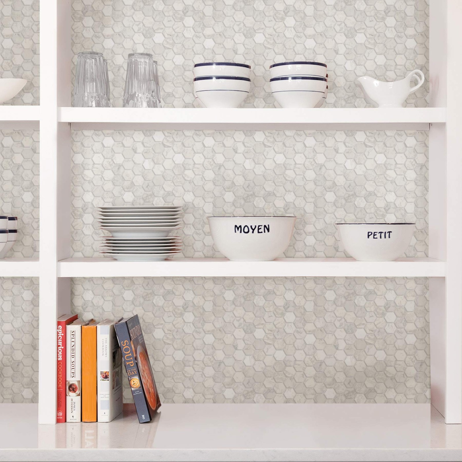 InHome NH2359 Hexagon Marble Peel Stick Backsplash Tiles, White & Off-White