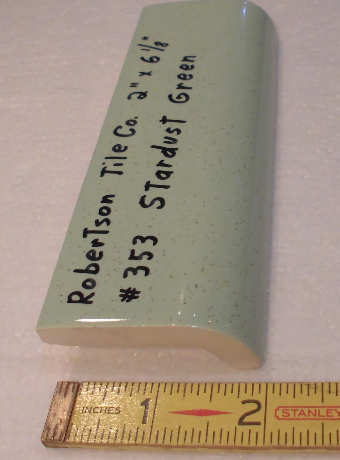 1 pc. Stardust Green: Ceramic Tile; 2″ X 6-1/8″ Radius Bullnose by Robertson Co.