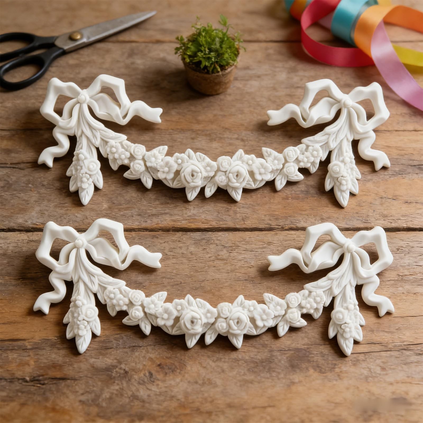 2 PCS Roses & Bow Carved Appliques Onlays,White PVC Appliques for Furniture D…