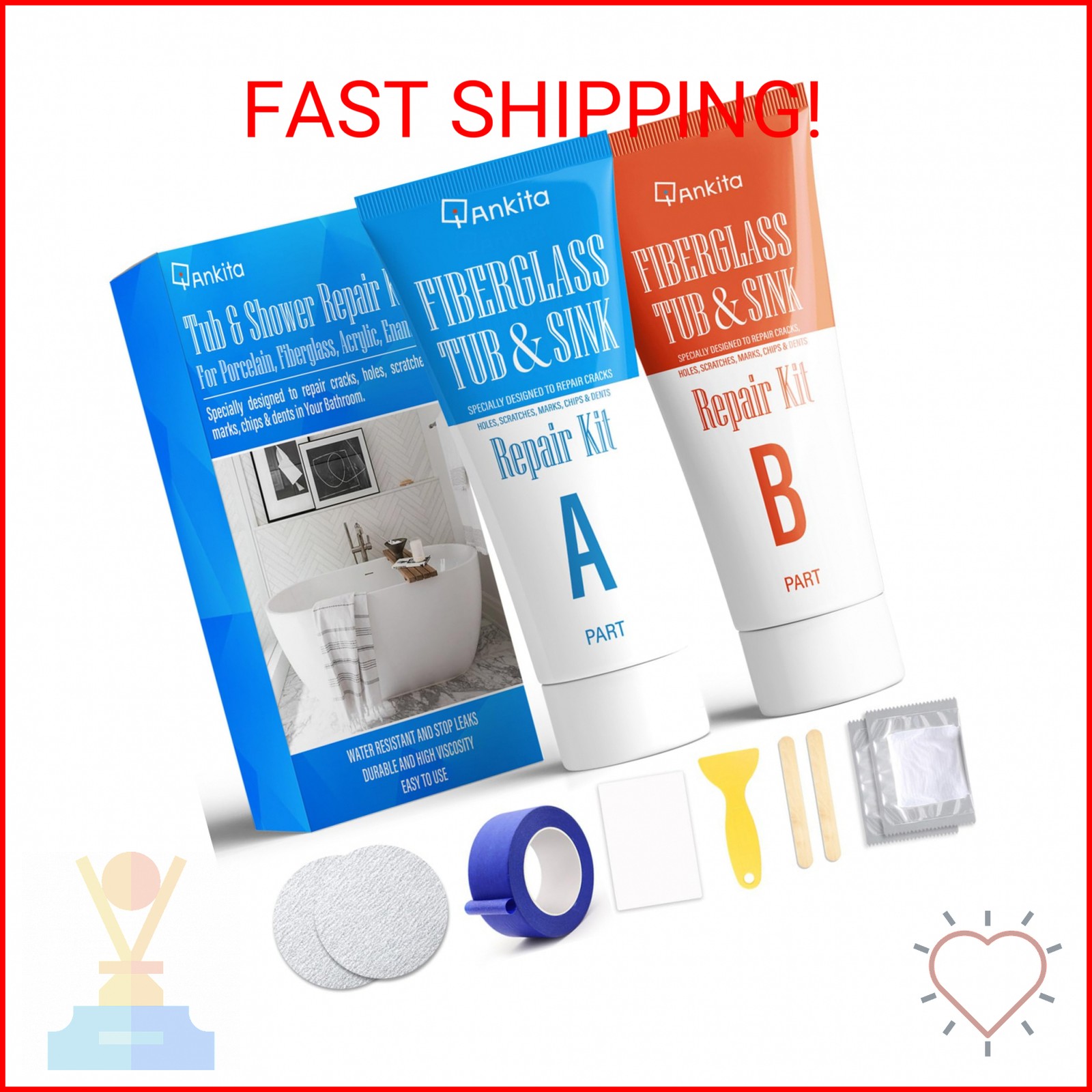 Tub Repair Kit White, Tub Chip and Bathtub Repair Kit for Enamel, Fiberglass, Ac