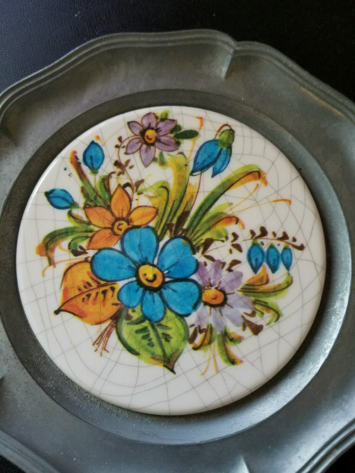 Vintage Pewter & Ceramic Porcelain Plate Flowers Hanging Trivet Stamped 6″