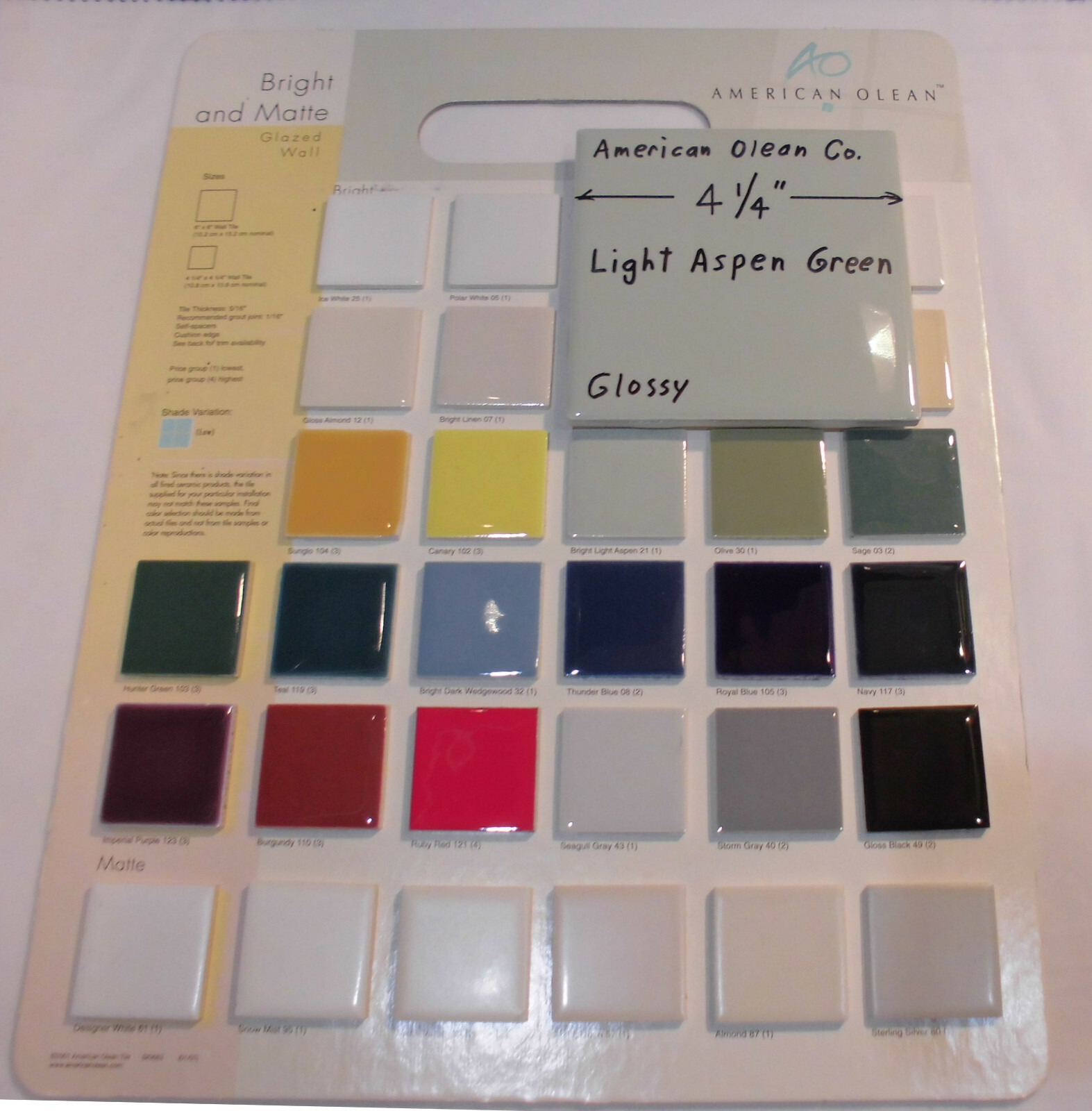 1 pc. Light Aspen-green-gray* Glossy Ceramic Tile #21 by American Olean 4-1/4″