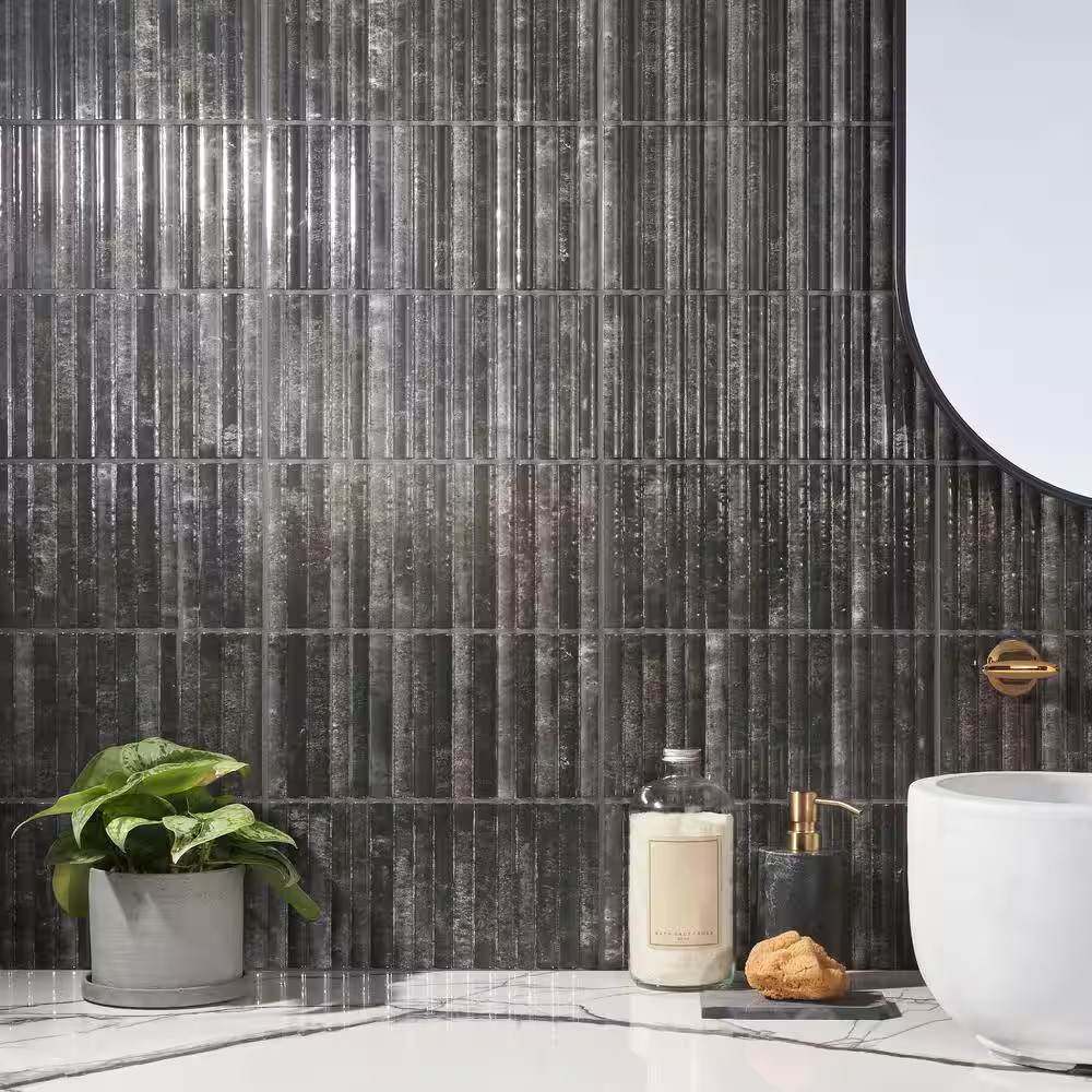 Mawr Black 5.9 In. X 11.81 In. Polished Fluted Ceramic Wall Tile (9.68 Sq. Ft./C
