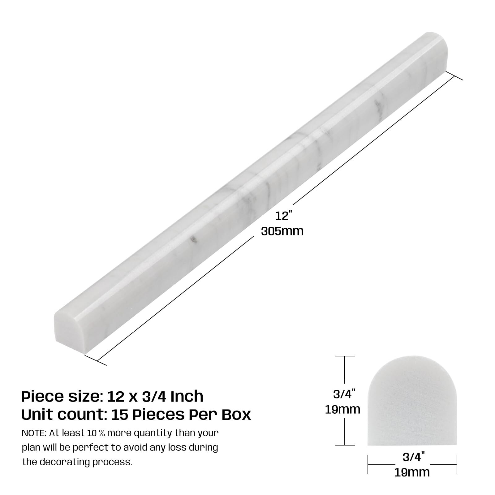 Carrara White Marble Pencil Trim Liner, 3/4″X12″ Bullnose Tile Edge Trim for …