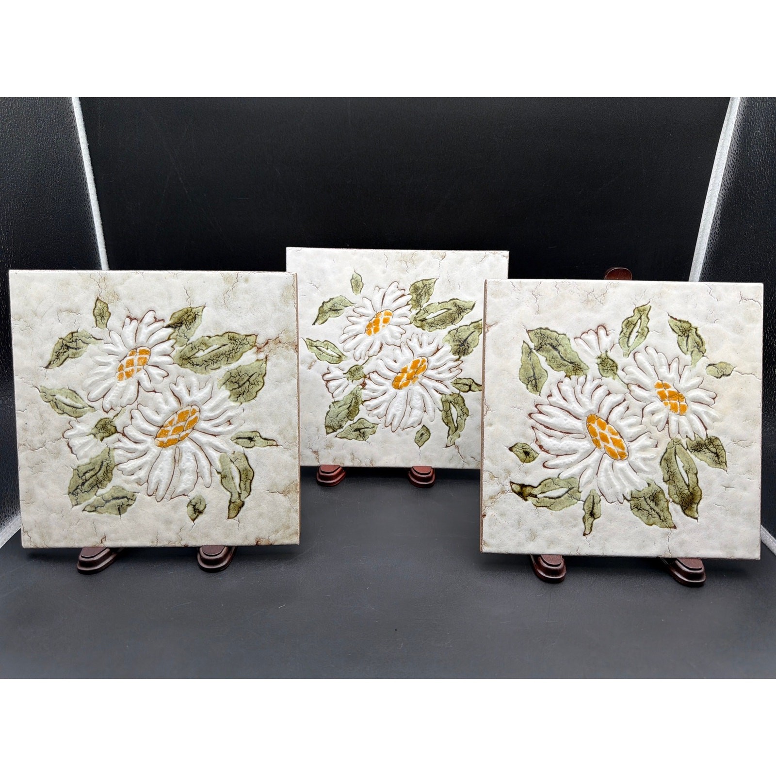 Set of 3 Vintage Hand Painted Italian Ceramic Art Tiles 8×8 White Daisy Floral