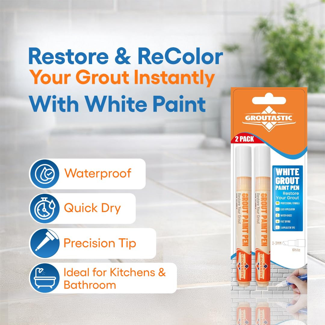 Grout Pen 2 Pack – White – Tile Grout Paint & Repair Pens for Bathroom & Kitchen