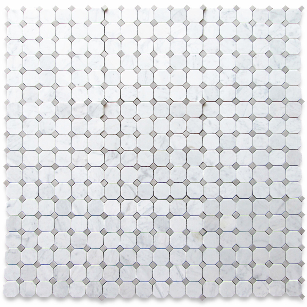 C803XH Octagon Mosaic Carrara Marble White Bianco Tile Gray Dots Honed 2″