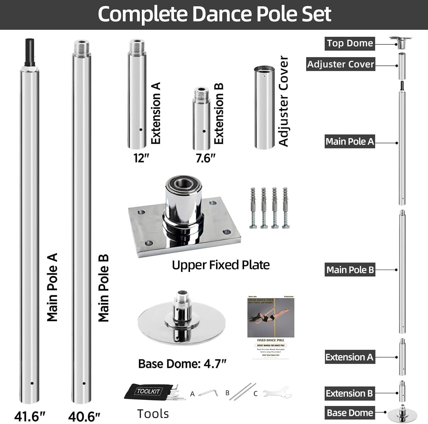 PRIOR FITNESS Permanent Fixed Dance Pole Kit, Professional 45mm Silver