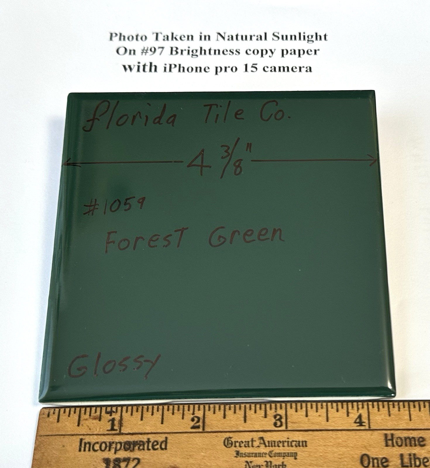 1 pc. Forest Green: 4-3/8″ Glossy Ceramic Tile by Florida Co. #1059, New Stock