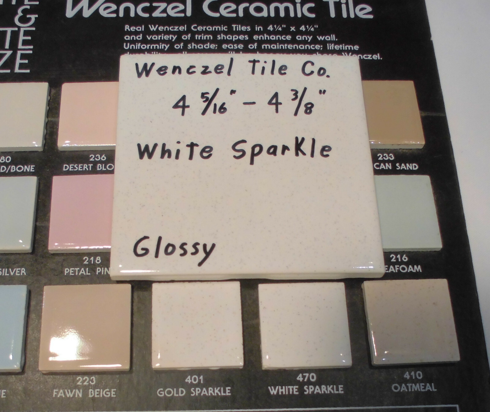 1 pc. Vintage *White Sparkle* Glossy Ceramic Tile by Wenczel 4-5/16″- 4/3/8″