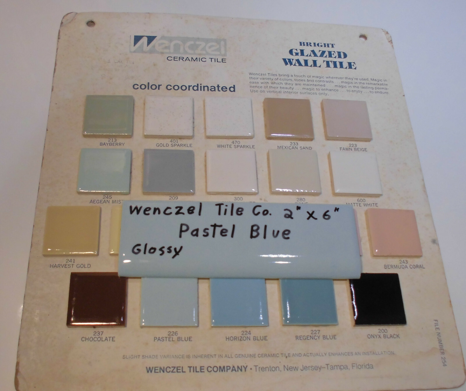 1 pc. Vintage Glossy *Pastel Blue* 2” X 6” Bullnose Ceramic Tile by Wenczel Co.