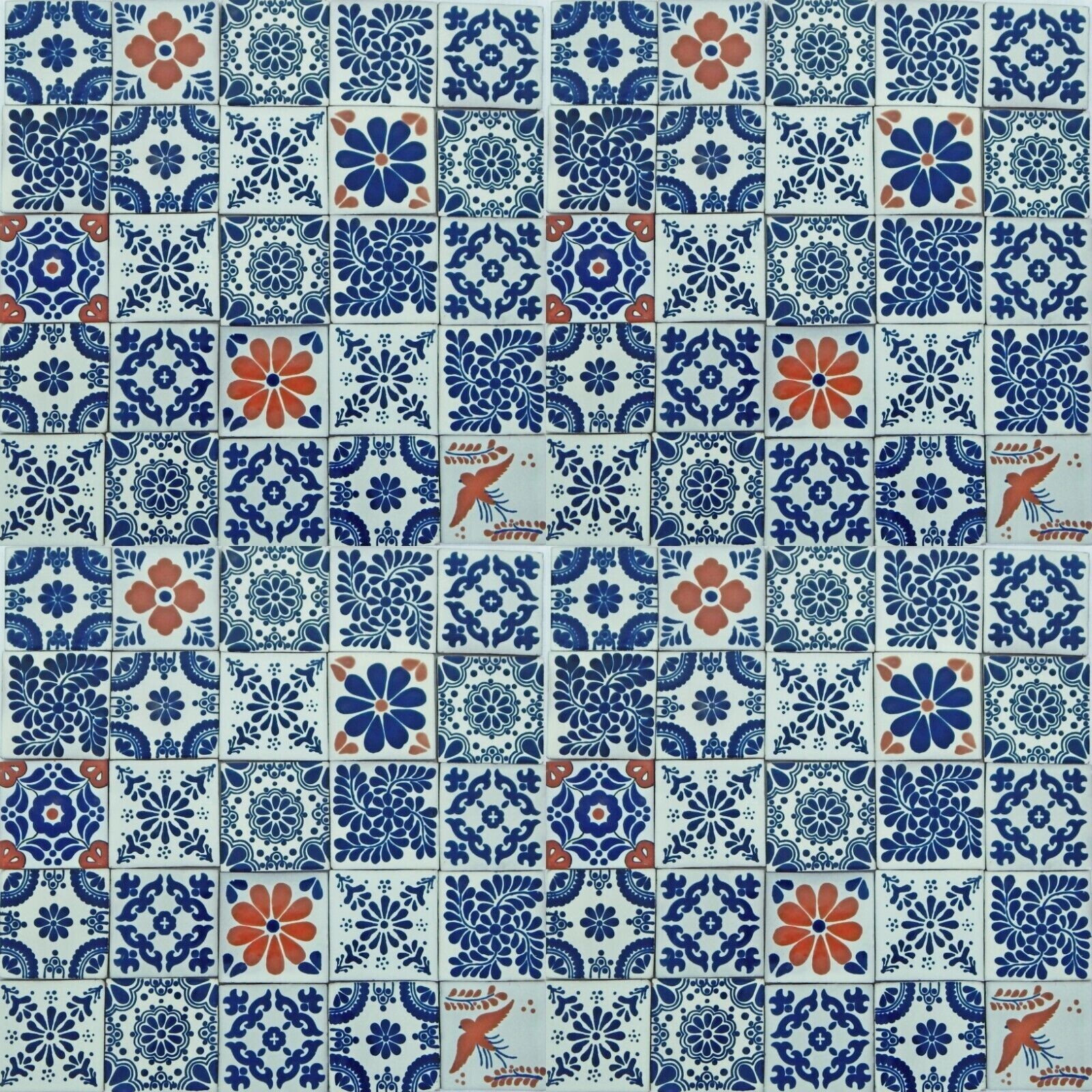 100 PCS MEXICAN TALAVERA TILES 4×4 TERRACOTTA & BLUE MIX FOLK ART