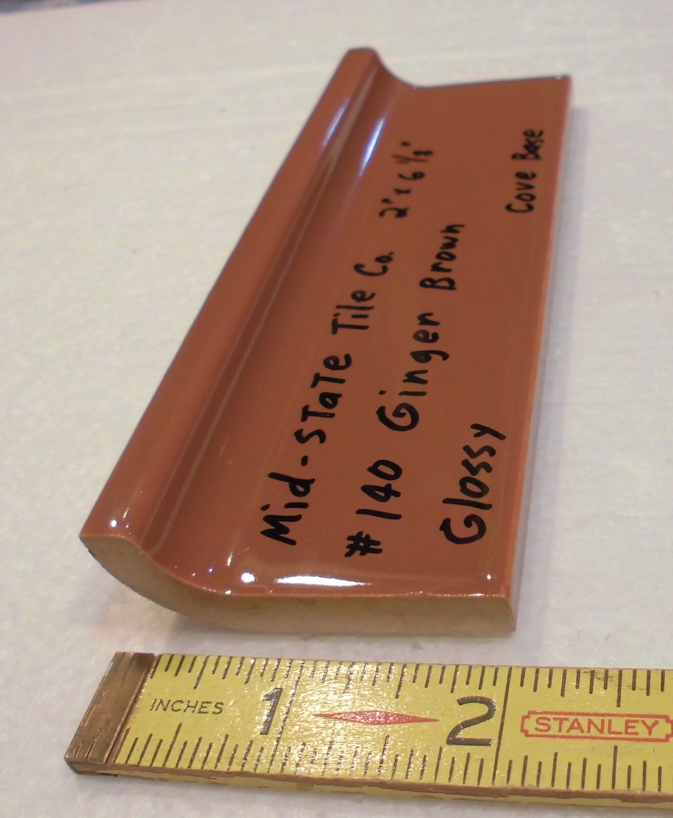 1 pc. Medium Brown: 2” X 6-1/8” Glossy Ceramic Cove Base Tile, Flat Top, NOS
