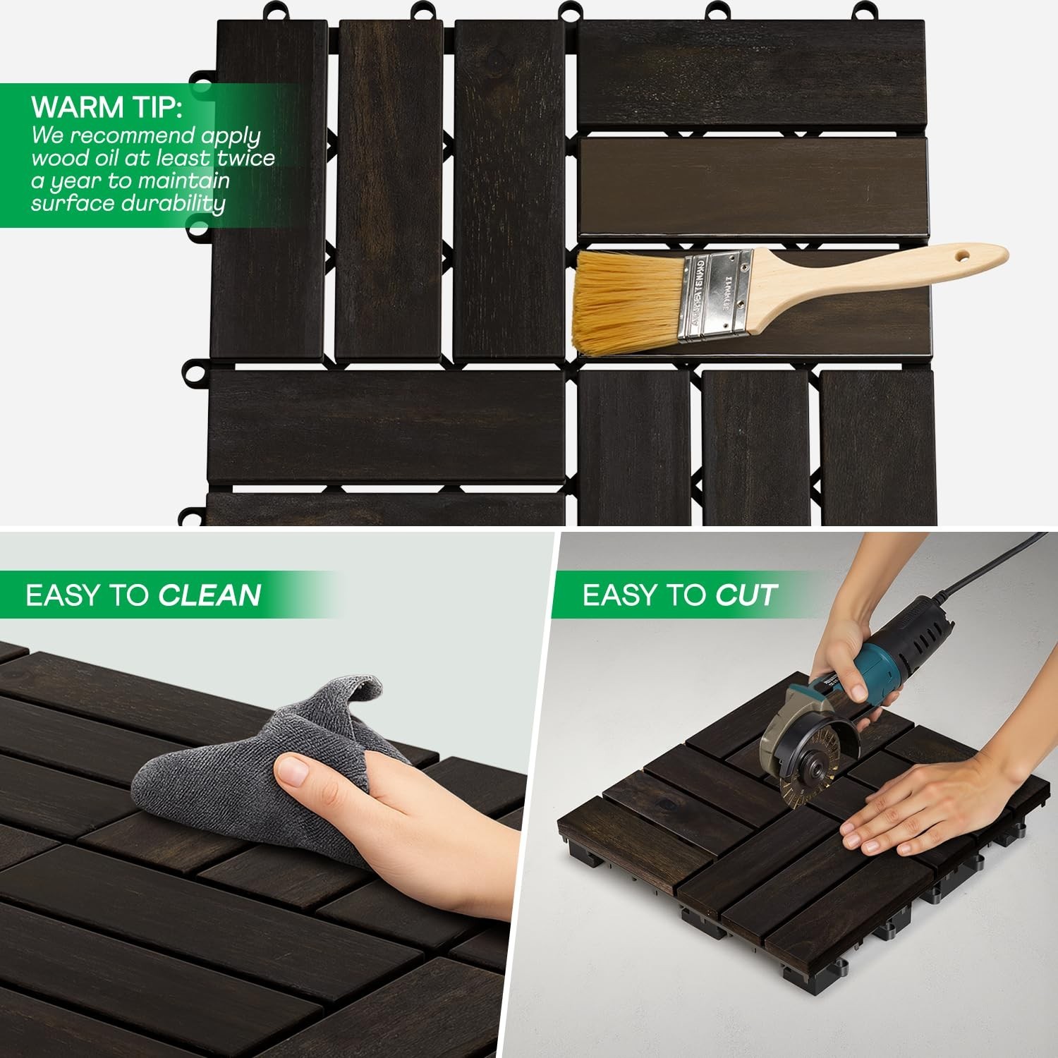 Acacia Wood Deck Tiles – 10-Piece Set, Black Checkered