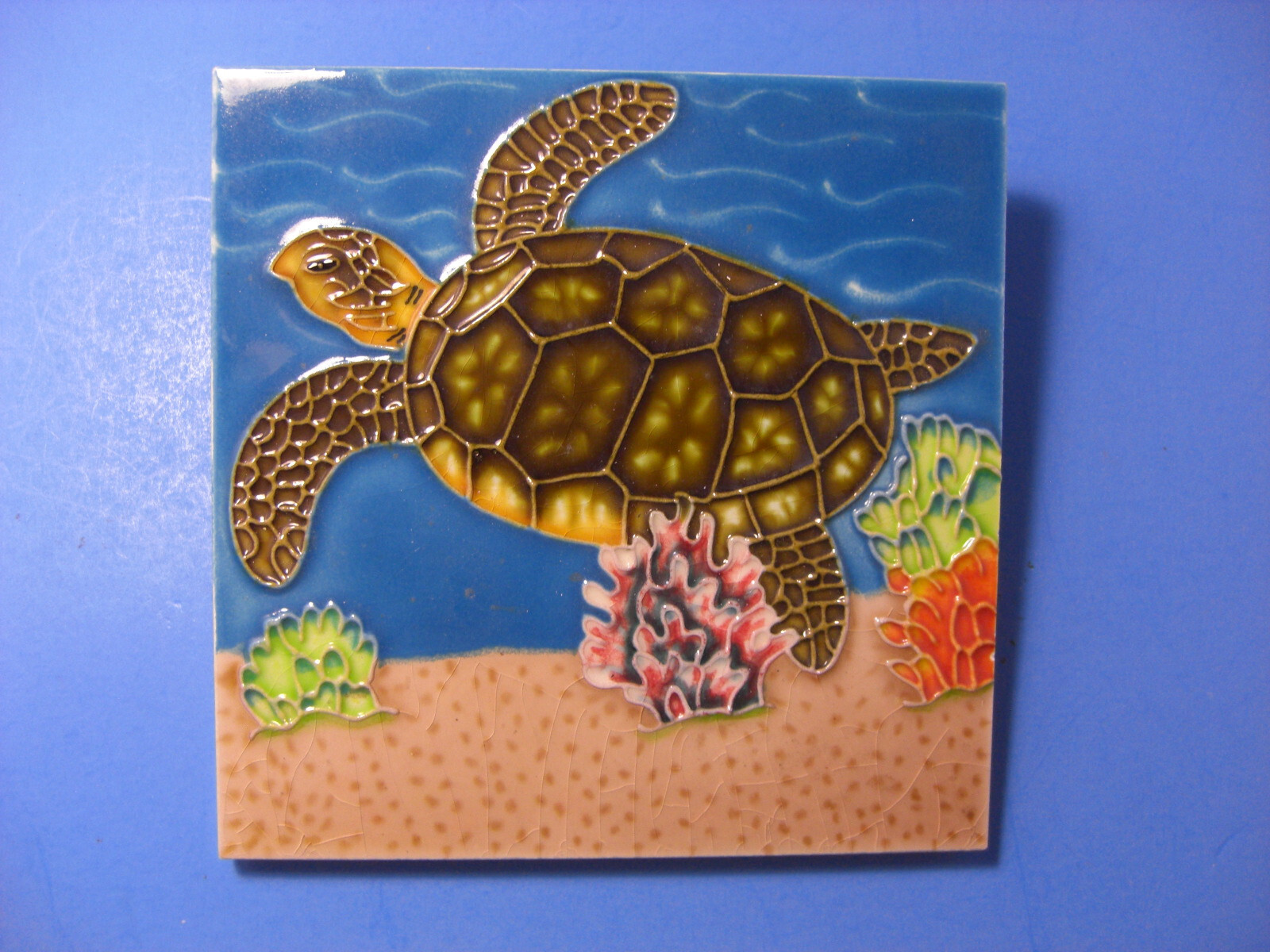 Sea Turtle Swimming in Coral-Seaweed Coastal 4X4 Ceramic Tile Scene