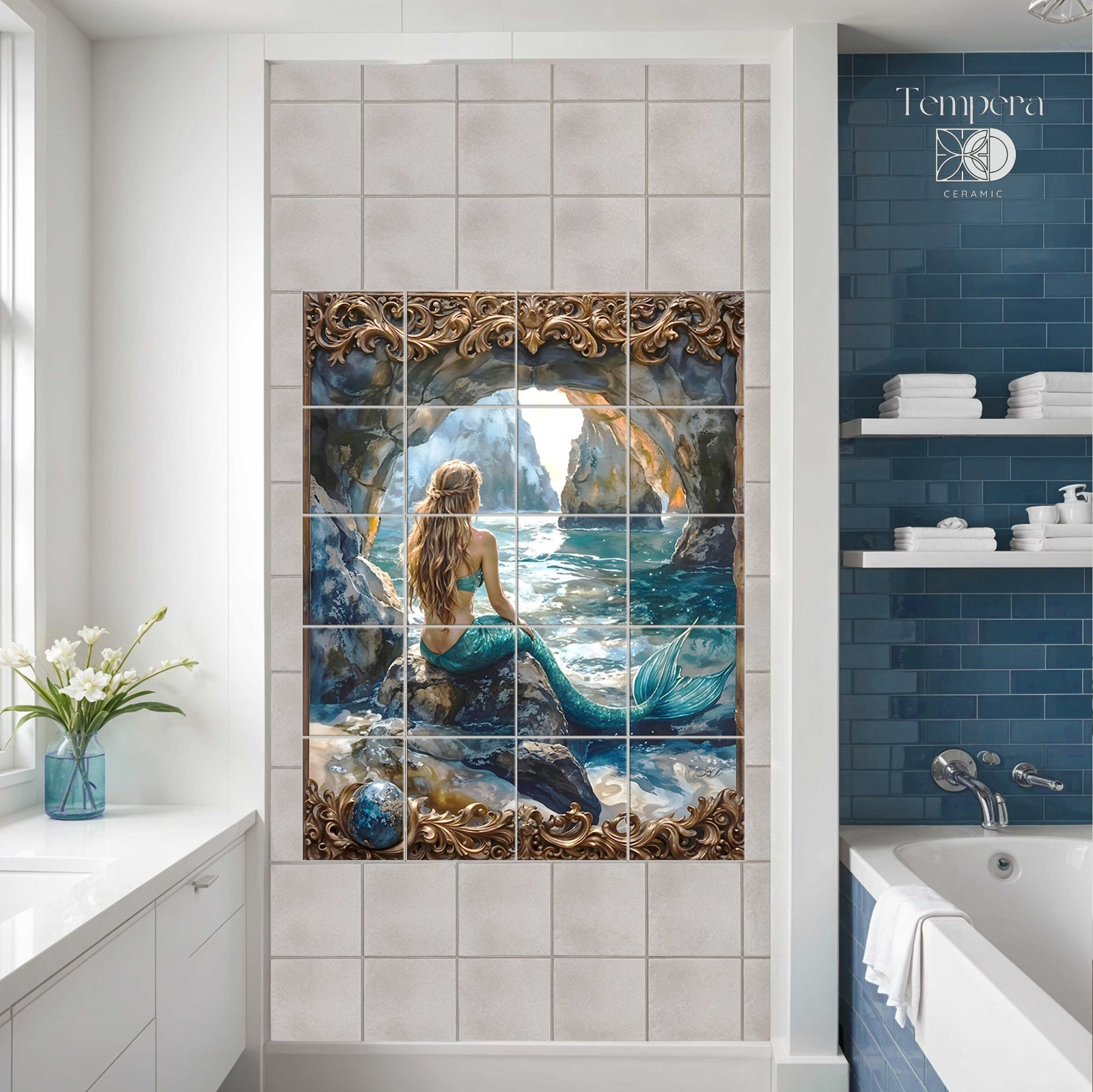 Mermaid Tile Mural for Turquoise Bathroom, Sea Siren Shower Niche Accent tiles
