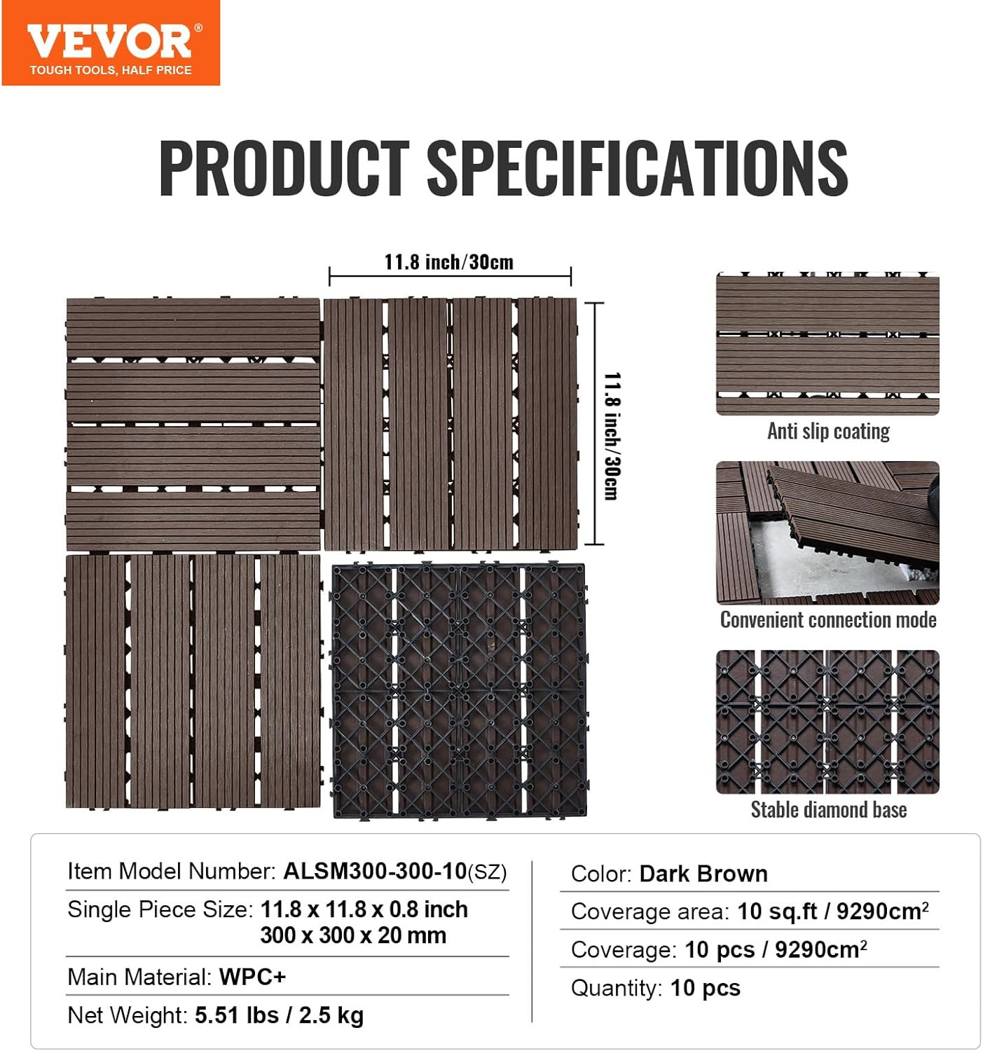 Waterproof Interlocking Deck Tiles, 27 Pack, 12″x12″, Dark Grey Outdoor Flooring
