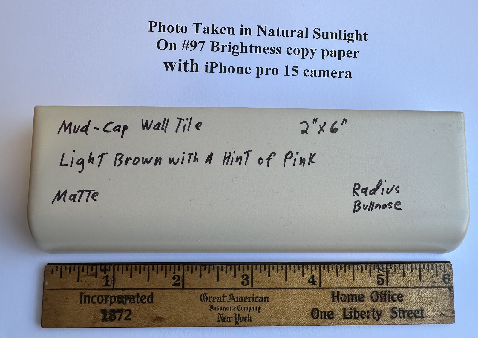 1 pc. Lite Brown+hint of pink: 2″ X 6″ X 5/8″ Matte Ceramic Radius Bullnose Tile