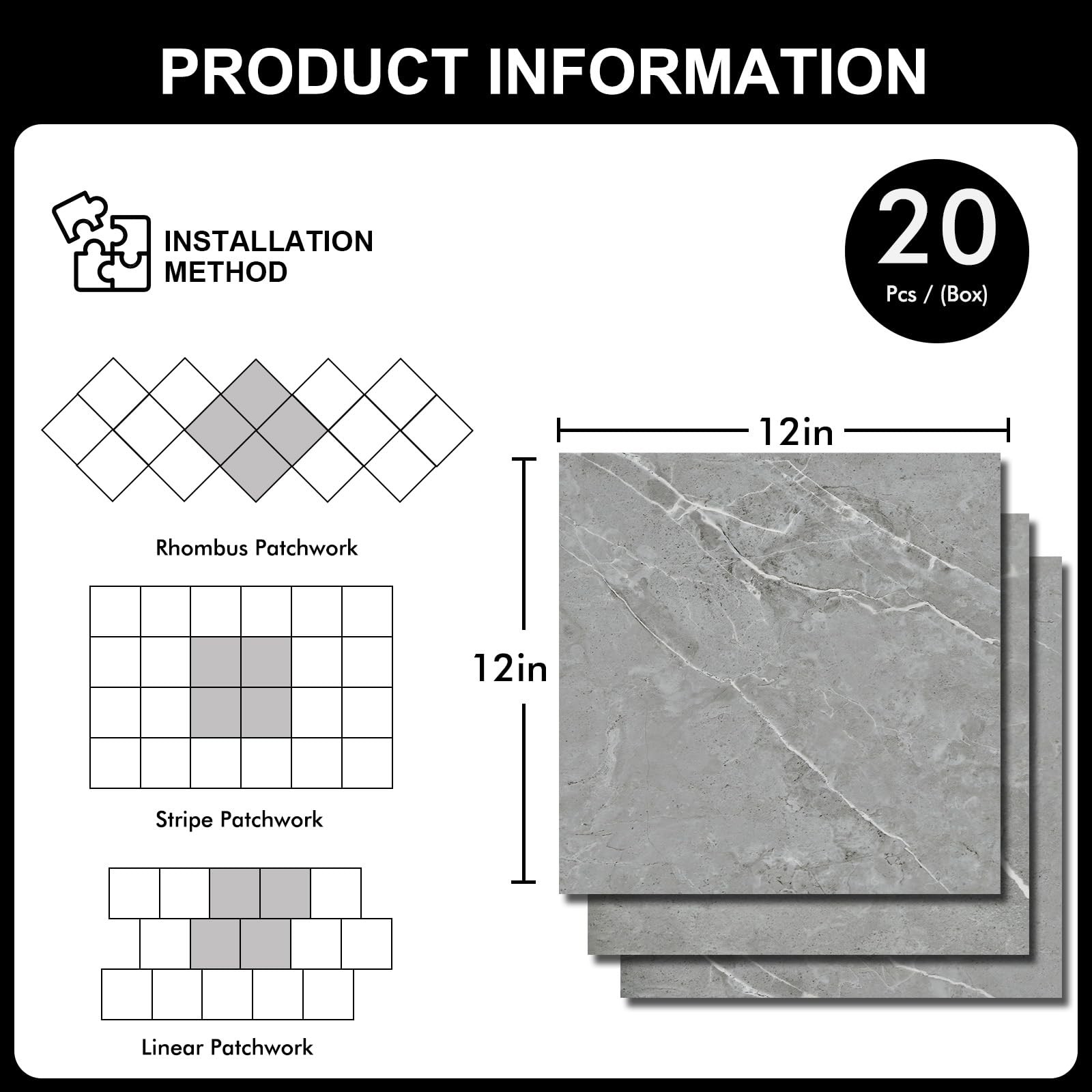 20-Pack 12″x12″ Marble Peel and Stick Floor Tiles Waterproof Self Adhesive Vi…
