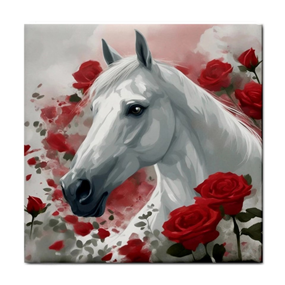 Ceramic Tile White Horse Red Flowers 4.25×4.25, 6×6 or 8×8 inches Printed in USA