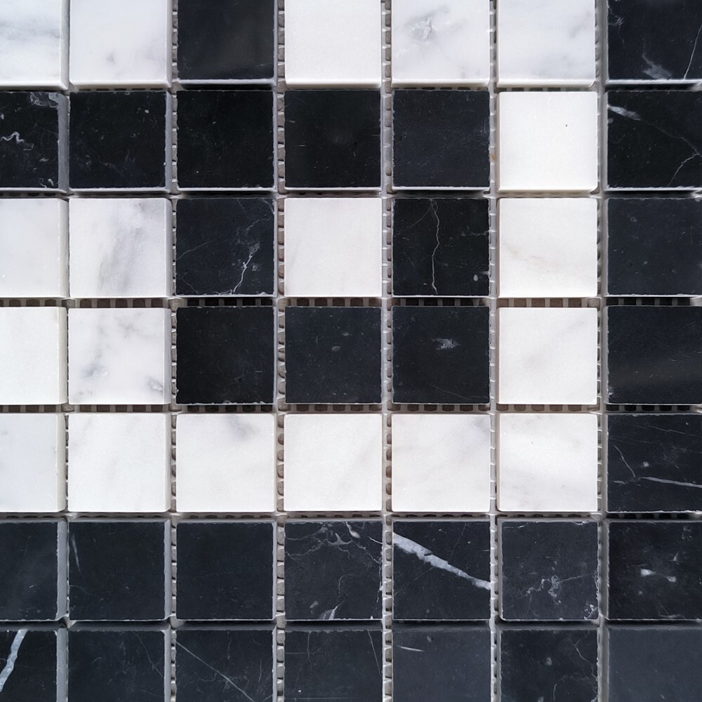 C24C2XP Carrara White Marble Greek Key Mosaic Corner Tile Nero Black Polished