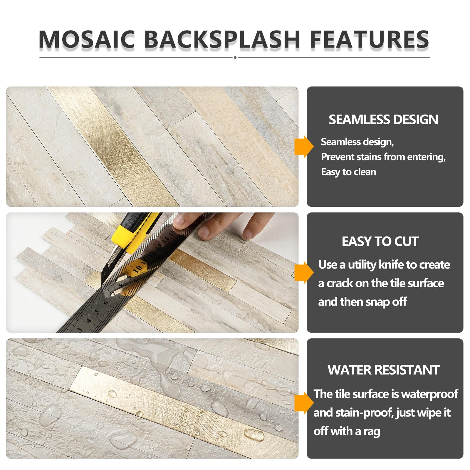 Peel Stick Backsplash Tile 2 Sheets Sunny Beige PVC Mixed Metal Gold Self Adh…