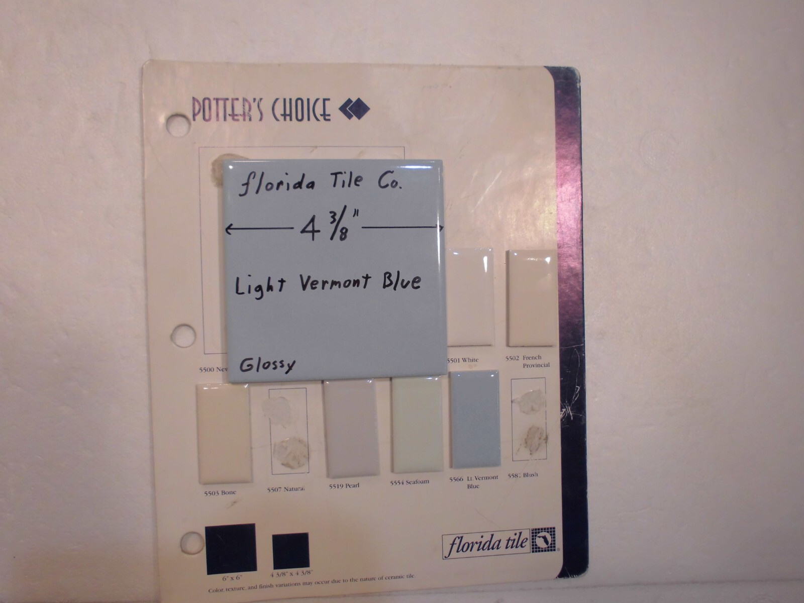 1 pc. Vermont Light Blue: 4-3/8″ Glossy Ceramic Tile by Florida Tile Co. NEW