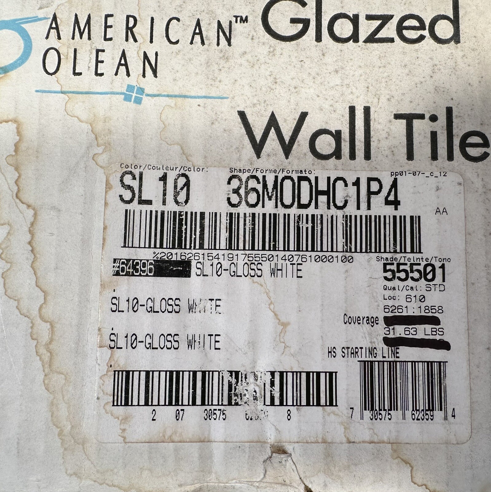 1 pc. Starting Line White: 3″ X 6″ Ceramic Tile by American Olean, #SL10, New