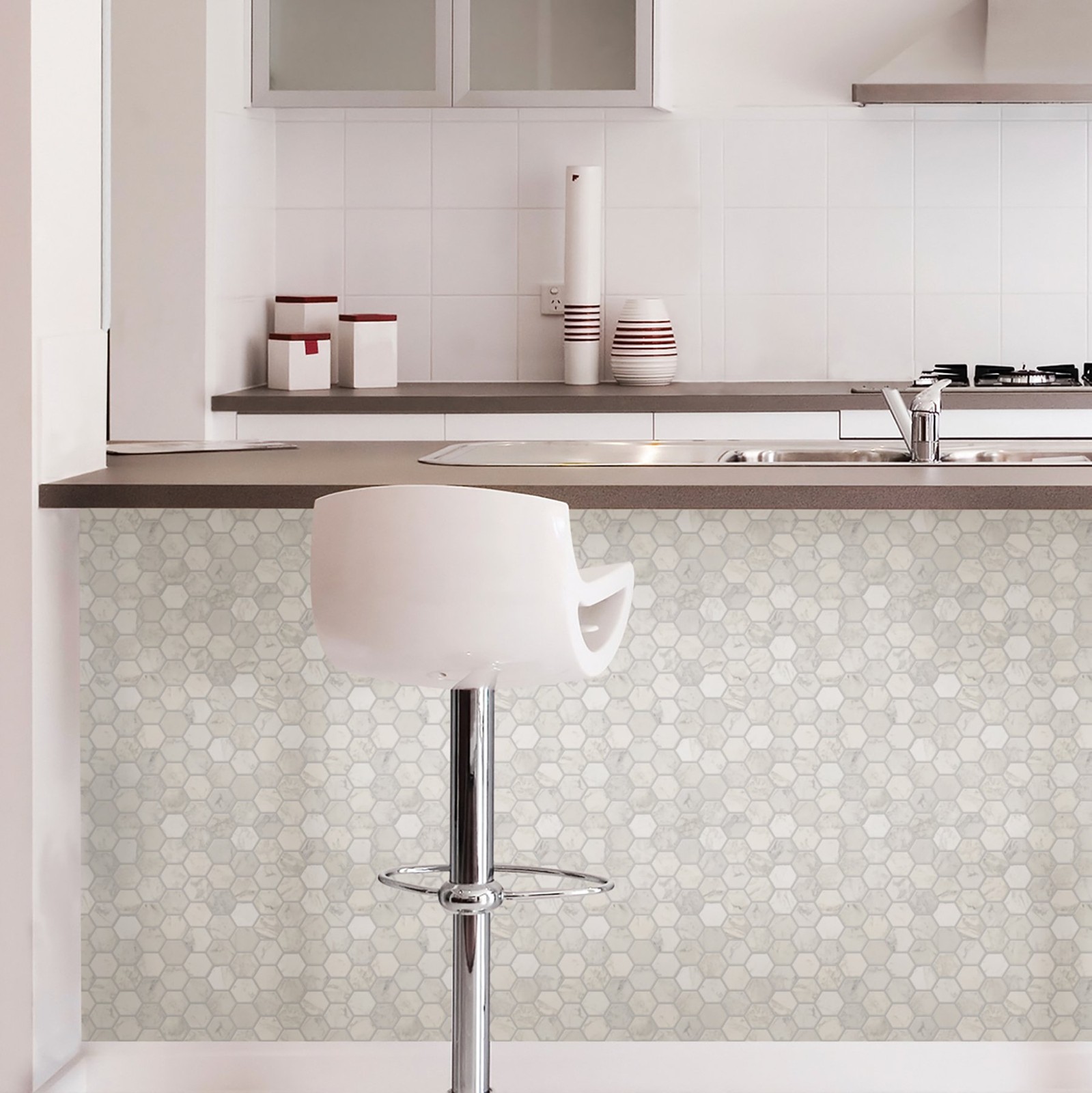 InHome NH2359 Hexagon Marble Peel Stick Backsplash Tiles, White & Off-White