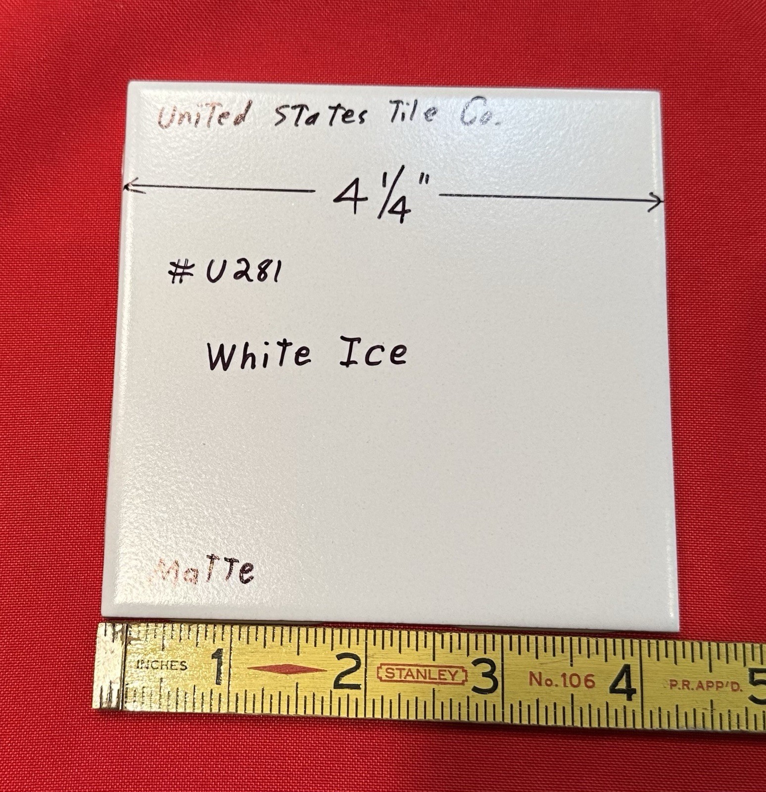 1 pc. White Ice: 4-1/4″ Matte Ceramic Tile by United States Tile Co. #U281, NEW
