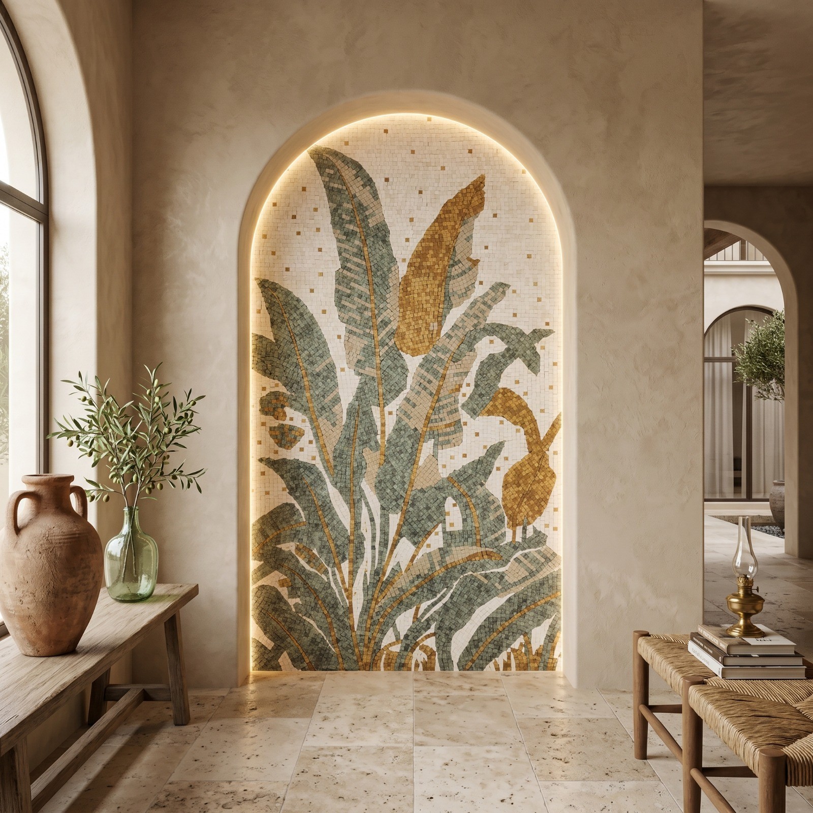 Tropical Banana Leaf Marble Mosaic Wall Art, Botanical Stone Inlay Panel